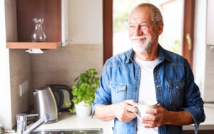 An elder male holding a coffee cup staring outside a kitchen window with the sun shining on him.