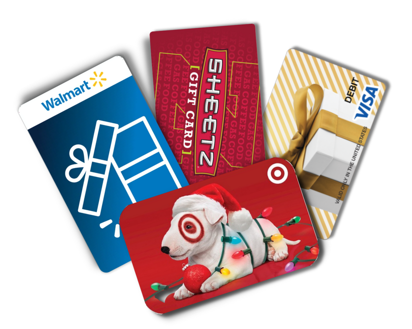 Gift cards arranged on a flat surface